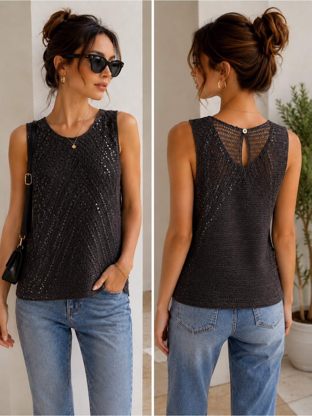 Black Sequin Knit Tank Top Like New